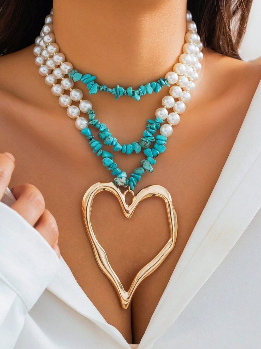 Multicolor Boho Women's Necklace with Turquoise Faux Pearl Heart Pendant
